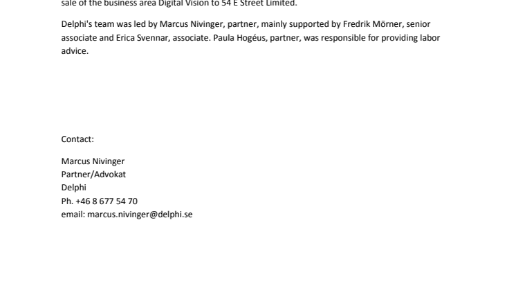 Delphi advisor to Image Systems AB on the sale of the business area Digital Vision