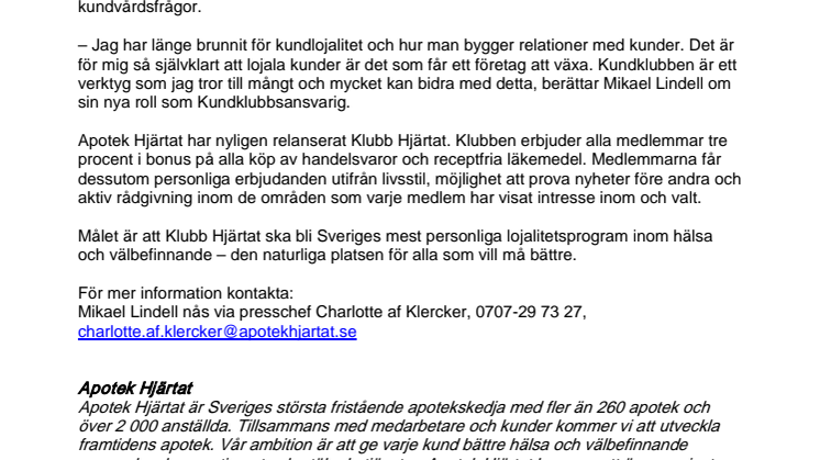 Mikael Lindell ansvarig för nya Klubb Hjärtat