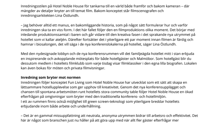 Filmens värld som inspirationskälla på nya Hotel Noble House i Malmö