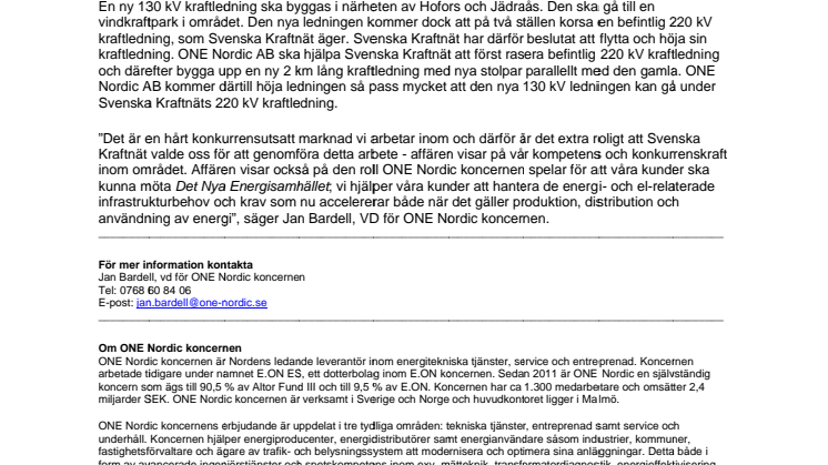 ONE Nordic AB flyttar 2 km av en 220 kV kraftledning i Gävleborgs län åt Svenska Kraftnät