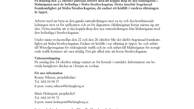 Begränsad framkomlighet på Södra Stenbocksgatan