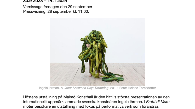 Pressinformation: Ingela Ihrman, Frutti di Mare, öppnar på Malmö Konsthall 