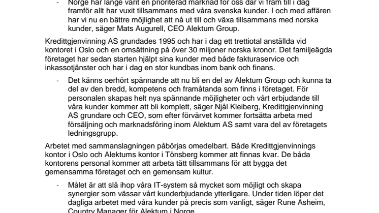Alektum Group förvärvar Kredittgjenvinning AS