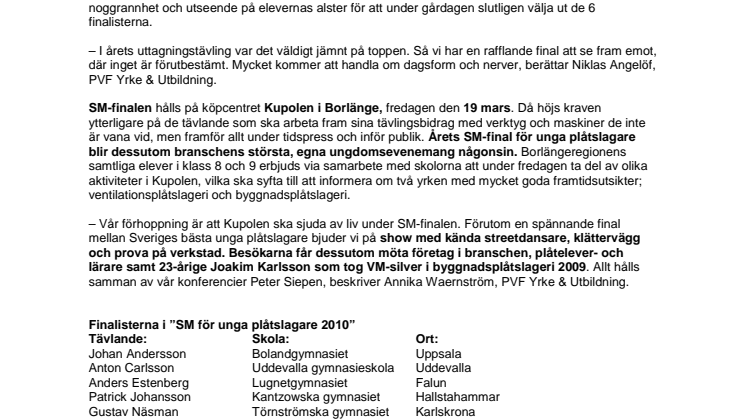 6 finalister är utsedda och branschen storsatsar på "SM-finalen för unga plåtslagare 2010"