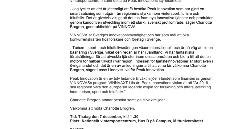 VINNOVAs generaldirektör, Charlotte Brogren besöker Peak Innovation, Östersund