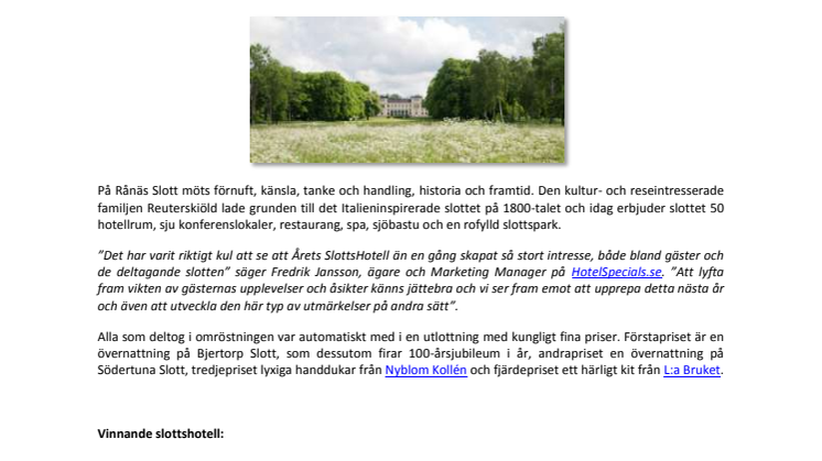 Vinnaren utsedd i Årets SlottsHotell 2014 – favorit i repris! 