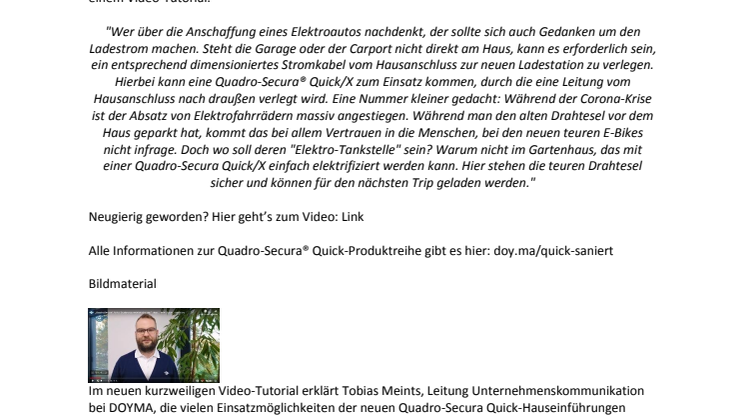 DOYMA-Pressemitteilung: Video-Tutorial - die vielseitigen Anwendungsfälle der Quick-Hauseinführungen