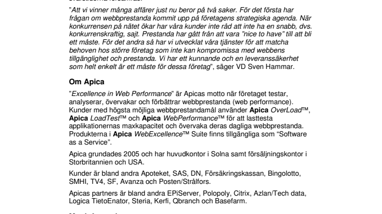 Fler nya kunder för Apica när svenska företag prioriterar webbprestanda