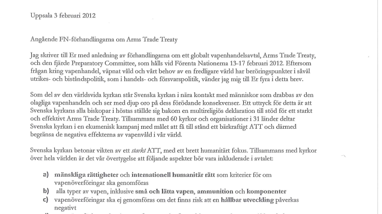 Ärkebiskopens brev till utrikesministern om globalt vapenhandelsavtal