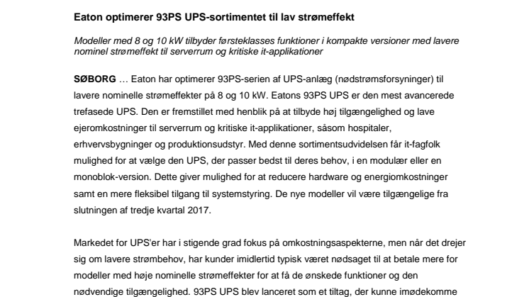 Eaton optimerer 93PS UPS-sortimentet til lav strømeffekt