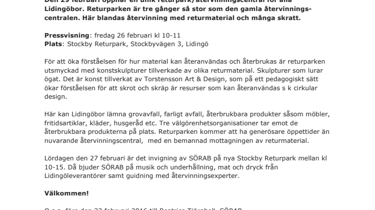PRESSINBJUDAN - Premiär för ny returpark på Lidingö