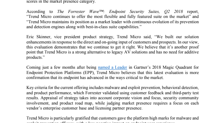 Analysföretaget Forrester utnämner Trend Micros Endpoint Security till marknadsledande säkerhetslösning