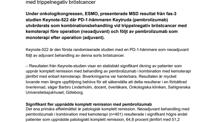 Ny data: Keytruda® som kombinationsbehandling ger hopp för patienter med trippelnegativ bröstcancer