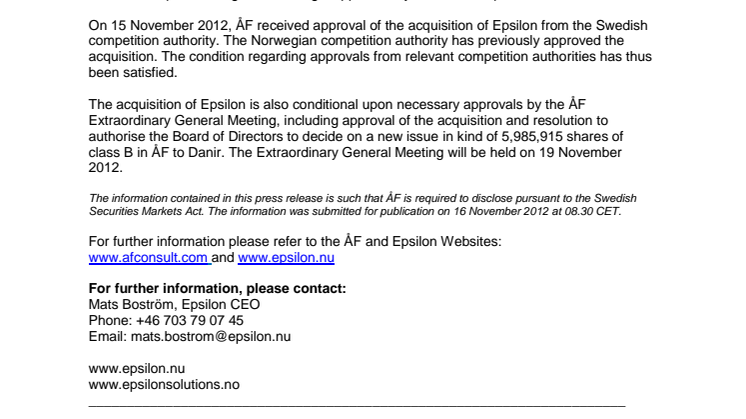 The merger between ÅF and Epsilon approved by relevant competition authorities