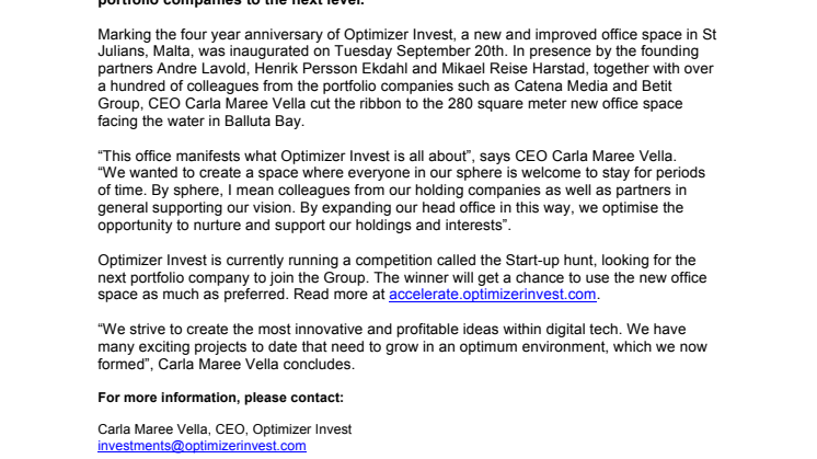 Optimizer Invest inaugurates new head office hub in Malta