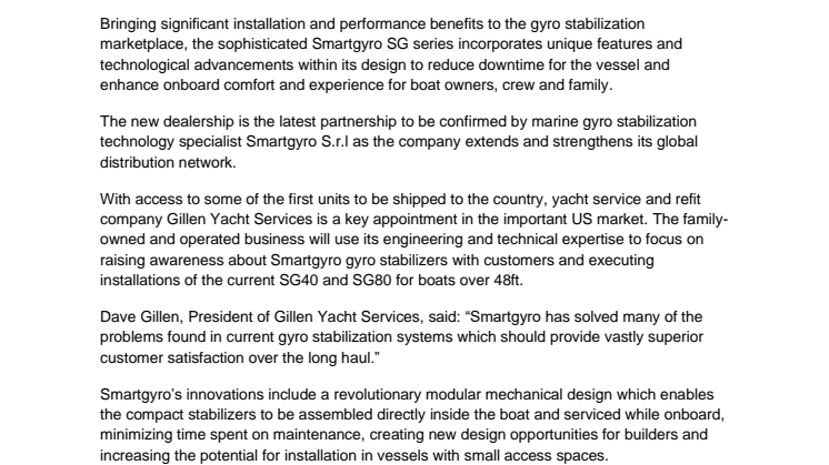 Gillen Yacht Services Announced as US Dealer for Smartgyro