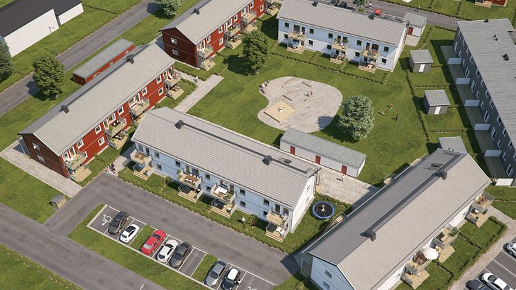 Översiktsillustration av det nya kvarteret, BoKlok Växtriket i Tungelsta, Haninge. 