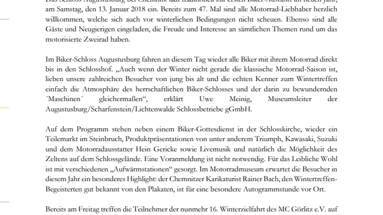 Mit „Benzingesprächen“ ins neue Jahr 2018. Willkommen zum 47. Wintertreffen für Motorradfahrer auf Schloss Augustusburg