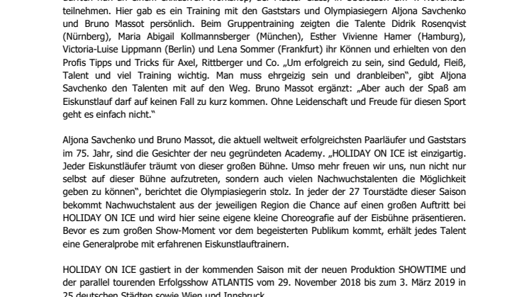 HOLIDAY ON ICE ACADEMY: Nachwuchstalente trainieren mit den Idolen Aljona Savchenko und Bruno Massot  