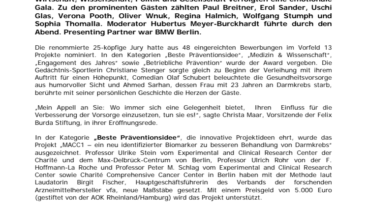 Emotionale Gala: Felix Burda Award würdigt Projekte und herausragende Persönlichkeiten für Engagement gegen Darmkrebs. 