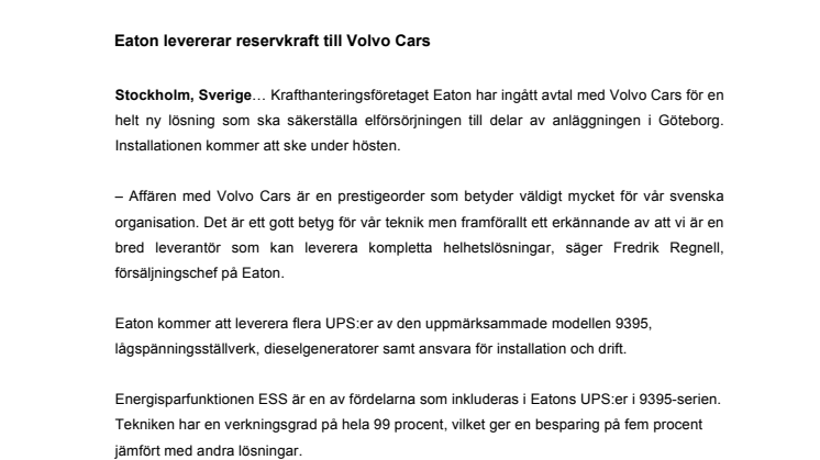 Eaton levererar reservkraft till Volvo Cars