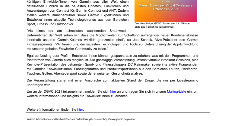 PM Garmins virtuelle Entwicklerkonferenz findet am 13. Oktober statt