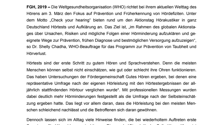 “Check your hearing“ – diese Symptome können auf Hörprobleme hinweisen – Fördergemeinschaft Gutes Hören zum Welttag des Hörens am 3. März 2019