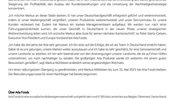 Markus Mühleisen, Deutschland-Chef von Arla Foods, verlässt das Unternehmen Ende Mai 2021