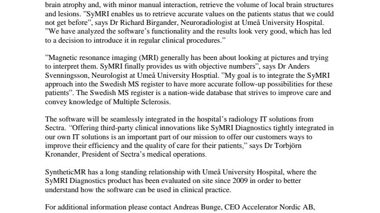 Swedish University Hospital improves monitoring of treatment efficacy in multiple sclerosis with Synthetic MRI innovation