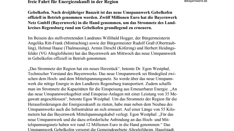 Umspannwerk in Gebelkofen offiziell in Betrieb