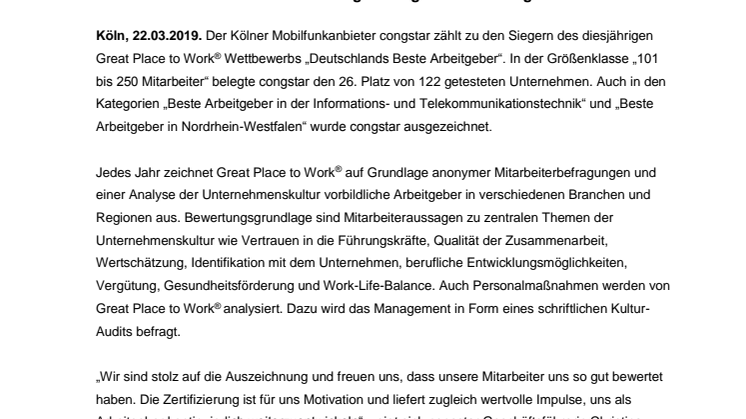 congstar bei „Deutschlands Beste Arbeitgeber“ ausgezeichnet