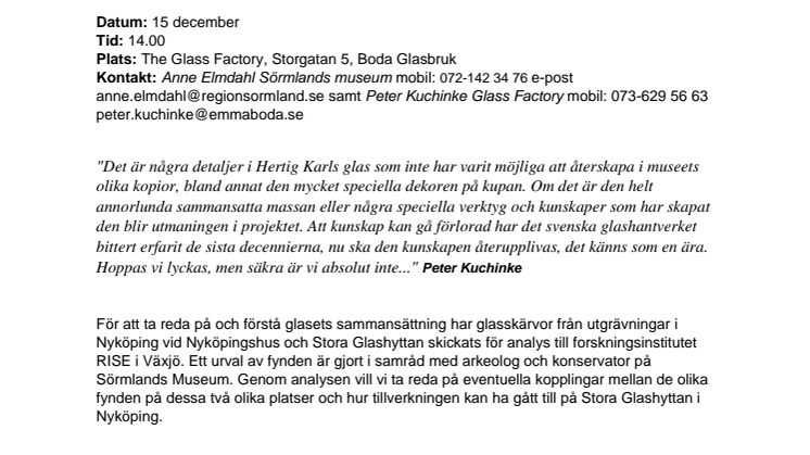 Press release - Hur tillverkades Hertig Karls glas på 1580-talet?