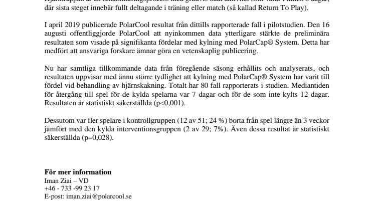 PolarCool AB (publ) presenterar förbättrade resultat från pilotstudien med SHL och HockeyAllsvenskan