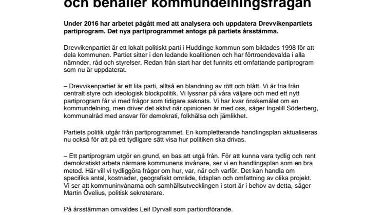 Drevvikenpartiet förnyar partiprogram och behåller kommundelningsfrågan