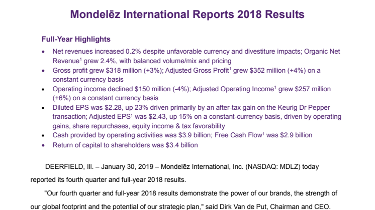 Mondelez International stellt seine jüngste Quartalsbilanz und die globalen Endjahresergebnisse vor