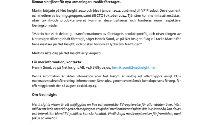 CTO lämnar Net Insight