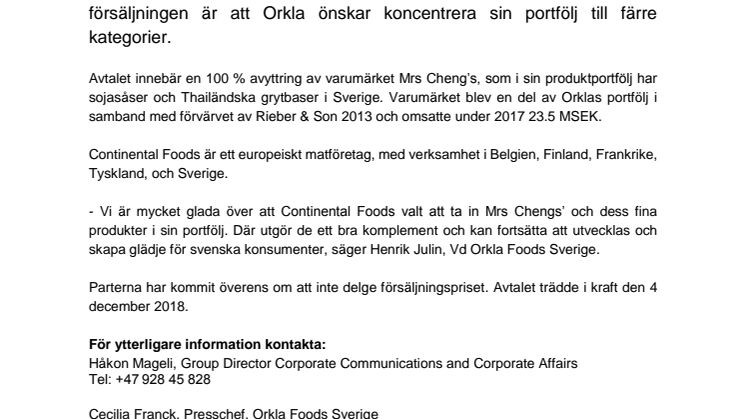 Orkla säljer varumärket Mrs Cheng’s till Continental Foods