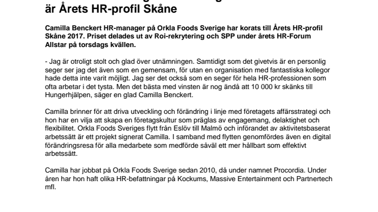 Camilla Benckert Årets HR profil Skåne