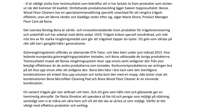 Bona utsedd till "Bäst i Test" för rengöringsprodukter för trägolv