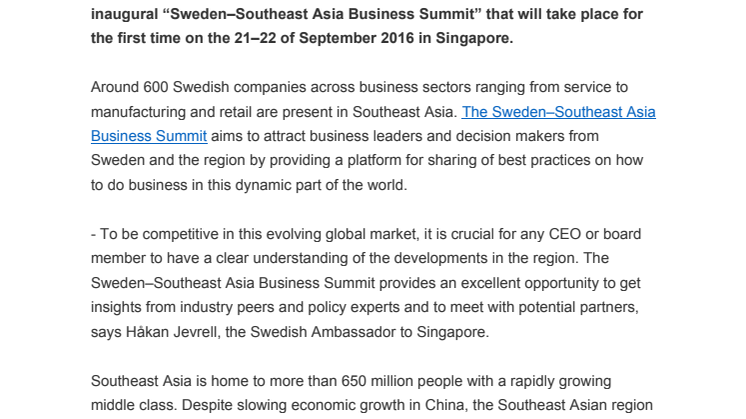 Swedish companies choose Southeast Asia, the new growth engine of the world, and Singapore as the gateway to the region