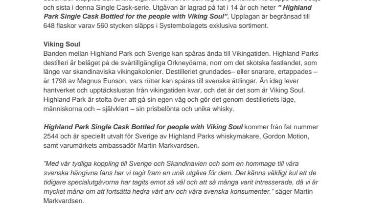 Highland Park lanserar ny Sverigeunik Single Cask