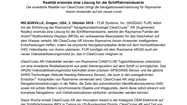Raymarine: FLIR liefert mit Raymarine ClearCruise Navigationstechnologie mit erweiterter Realität erstmals eine Lösung für die Schifffahrtsindustrie