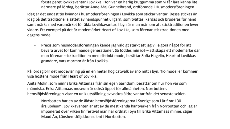 Lovikkavanten fyller 120 år  - Firas med teater, modevisning och vantutställning 
