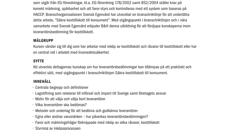 Leverantörsbedömning för kosttillskott