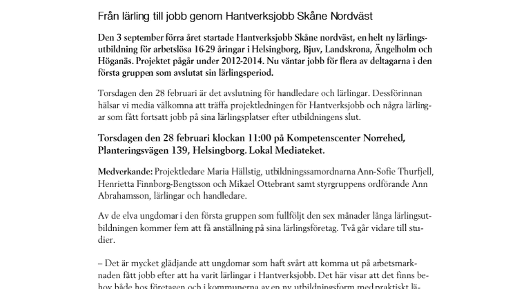 Från lärling till jobb genom Hantverksjobb Skåne Nordväst