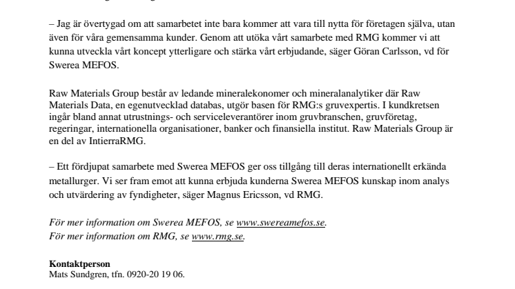 Swerea MEFOS och Raw Materials Group tecknar samarbetsavtal