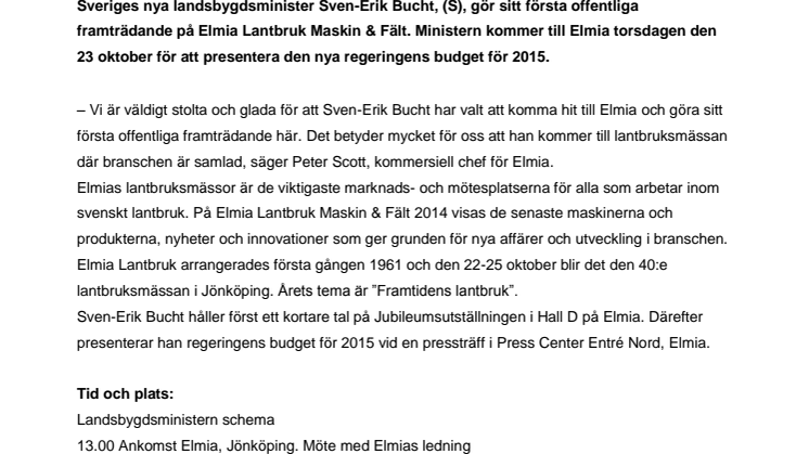 Sveriges nya landsbygdsminister kommer till Elmia Lantbruk