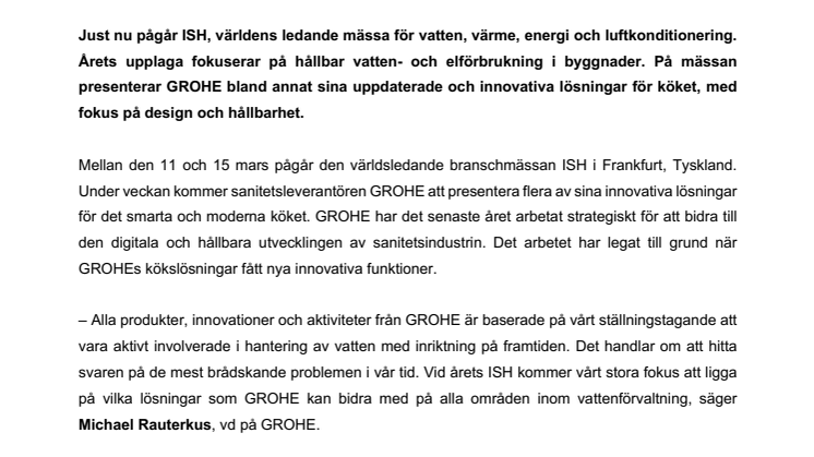 Design och hållbarhet i fokus: GROHE presenterar innovativa kökslösningar på ISH