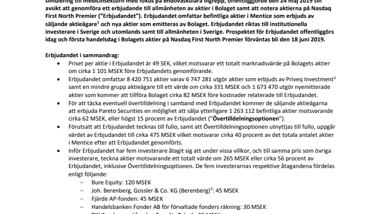 Mentice offentliggör erbjudande av aktier samt prospekt i samband med notering på Nasdaq First North Premier