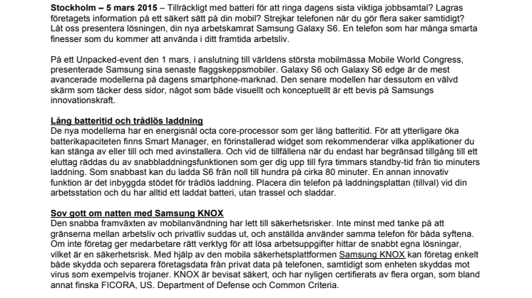Inspiration och energi hela arbetsdagen med  Samsung Galaxy S6 och Galaxy S6 edge 